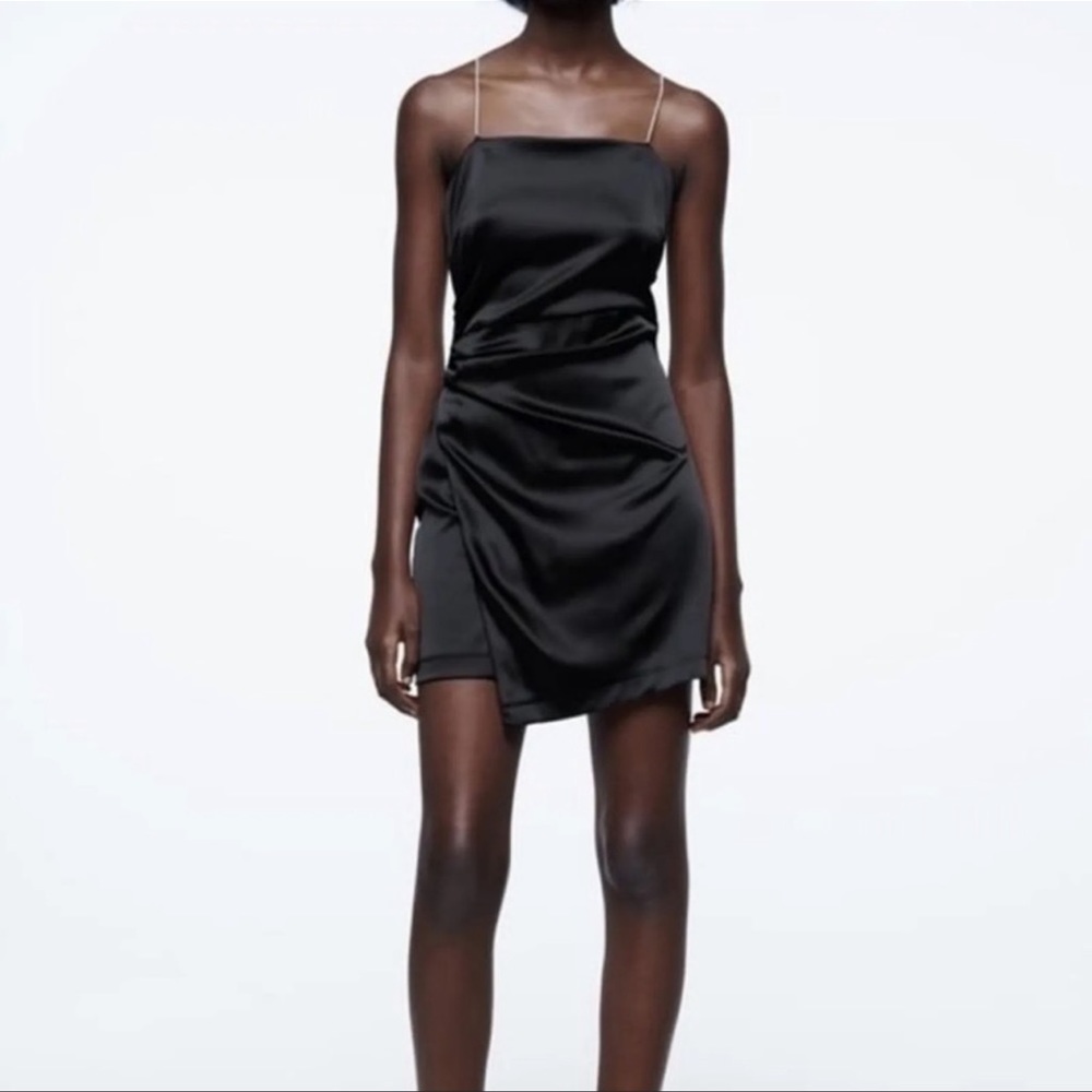 Zara Black Satin Effect Sleeveless Mini Dress With Jewel Straps